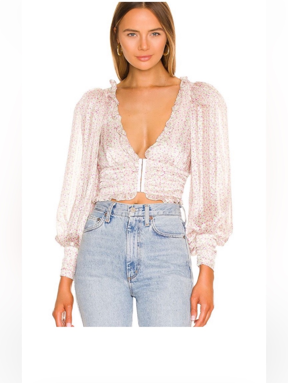 For Love & Lemons Pink Floral chiffon Ruffle-Trim Long Sleeve Crop Top XS